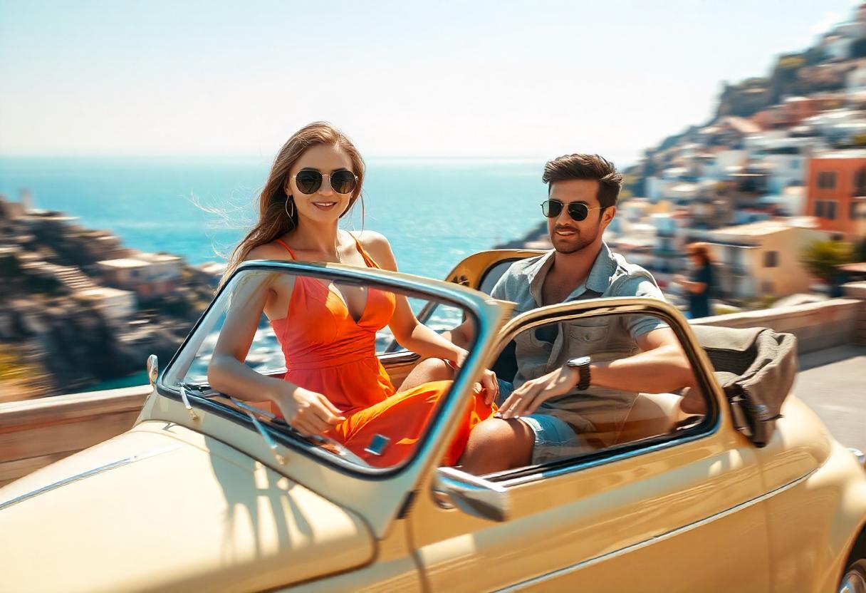 Sessão fotográfica em Positano com um Fiat 500 vintage